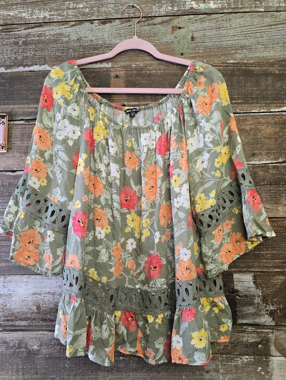 Unique Soectrum Floral Off-Shoulder Peasant Top in Sage with Crochet Trim, Sz 2X